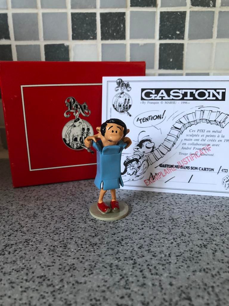 Gaston naakt in zijn doos - pixi, Ophalen of Verzenden, Asterix en Obelix, Zo goed als nieuw, Beeldje of Figuurtje