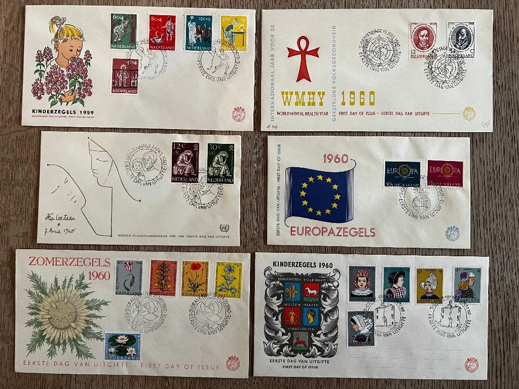 6 FDC’s uit 1959-1960:  NVPH E41 t/m E46, Postzegels en Munten, Ophalen of Verzenden, Onbeschreven, Nederland