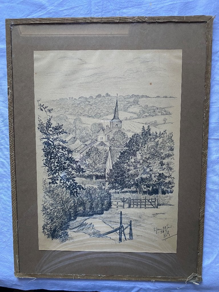 Schilderij: gezicht op Epen,1938- gemengde techniek, Ophalen of Verzenden