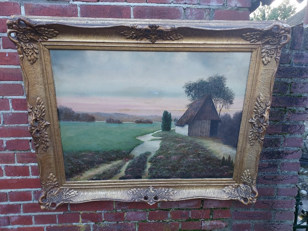 Schilderij landschap met boerenschuur., Antiek en Kunst, Ophalen, Paneel, Olieverf, Klassiek