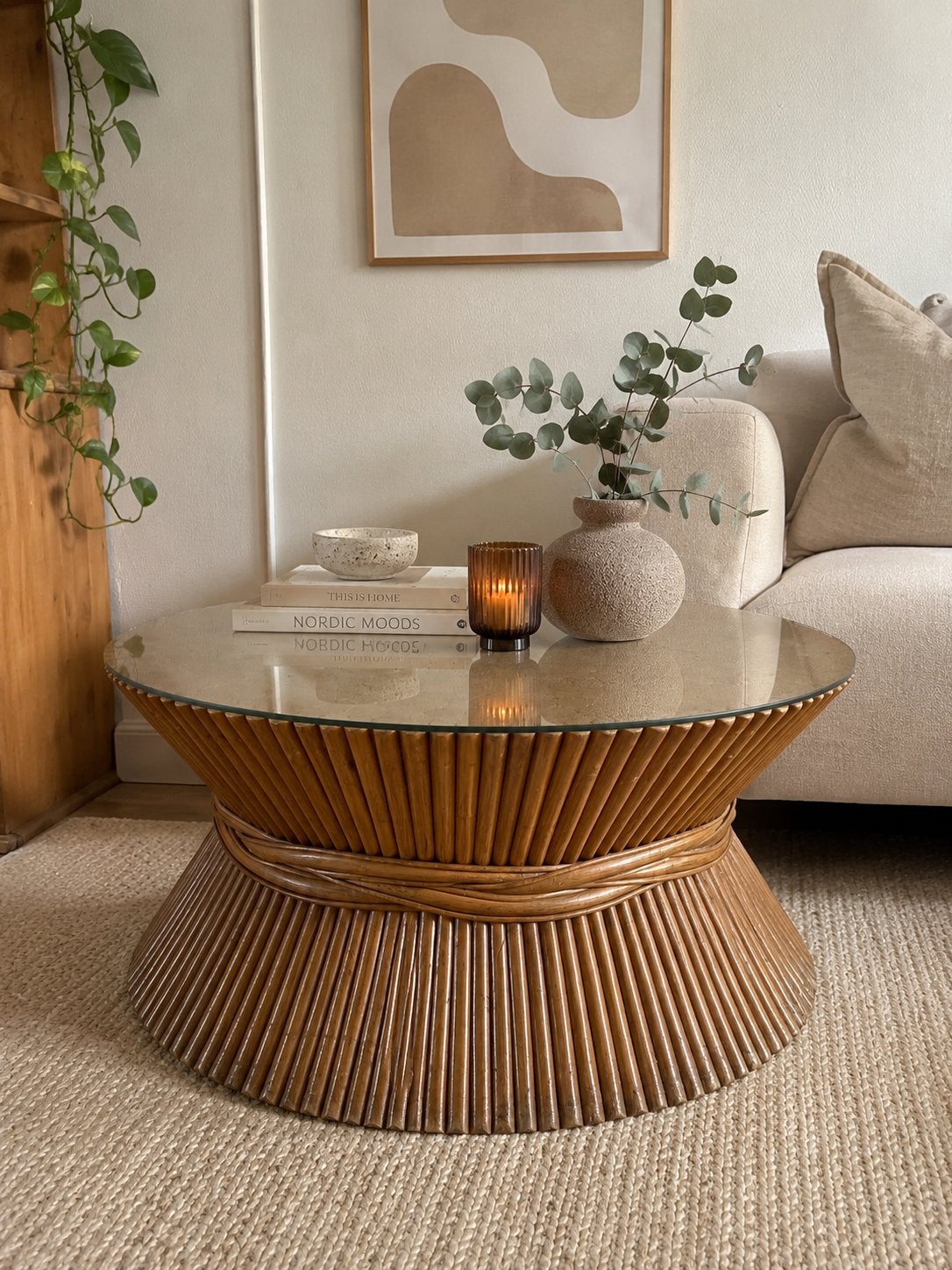 Vintage salontafel in stijl van McGuire |rotan & glas| 70’, Huis en Inrichting, Tafels | Salontafels, Ophalen, Gebruikt, 100 tot 150 cm