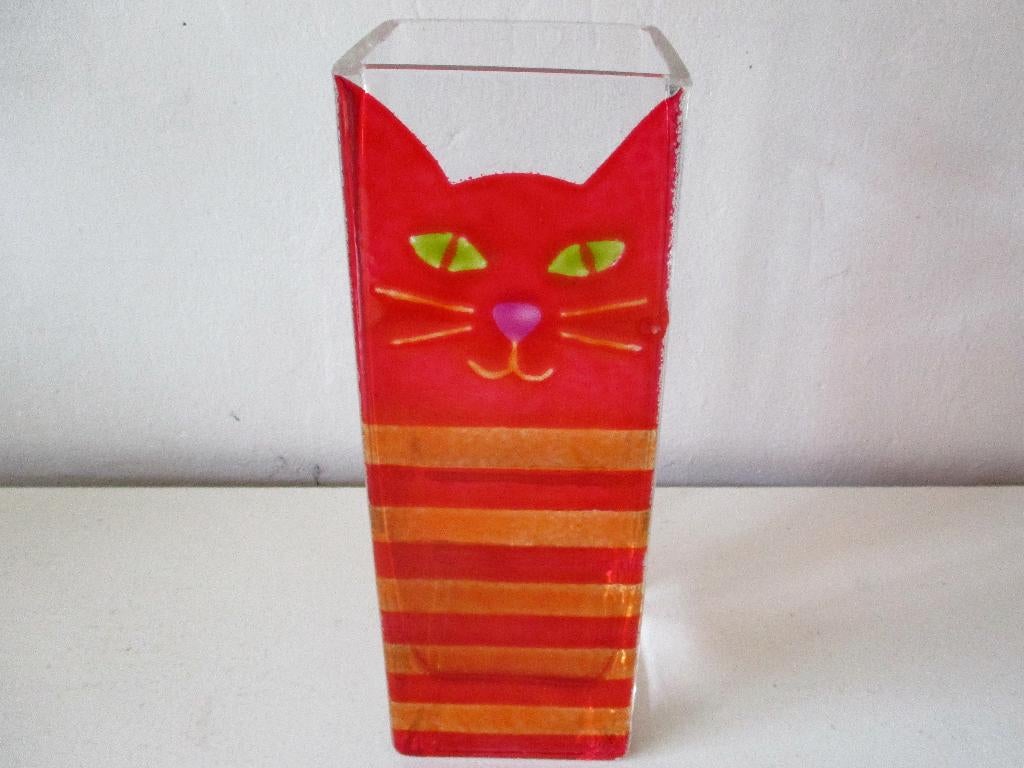 Glas kunst vintage vase vaas met rode kat kater poes, Ophalen of Verzenden