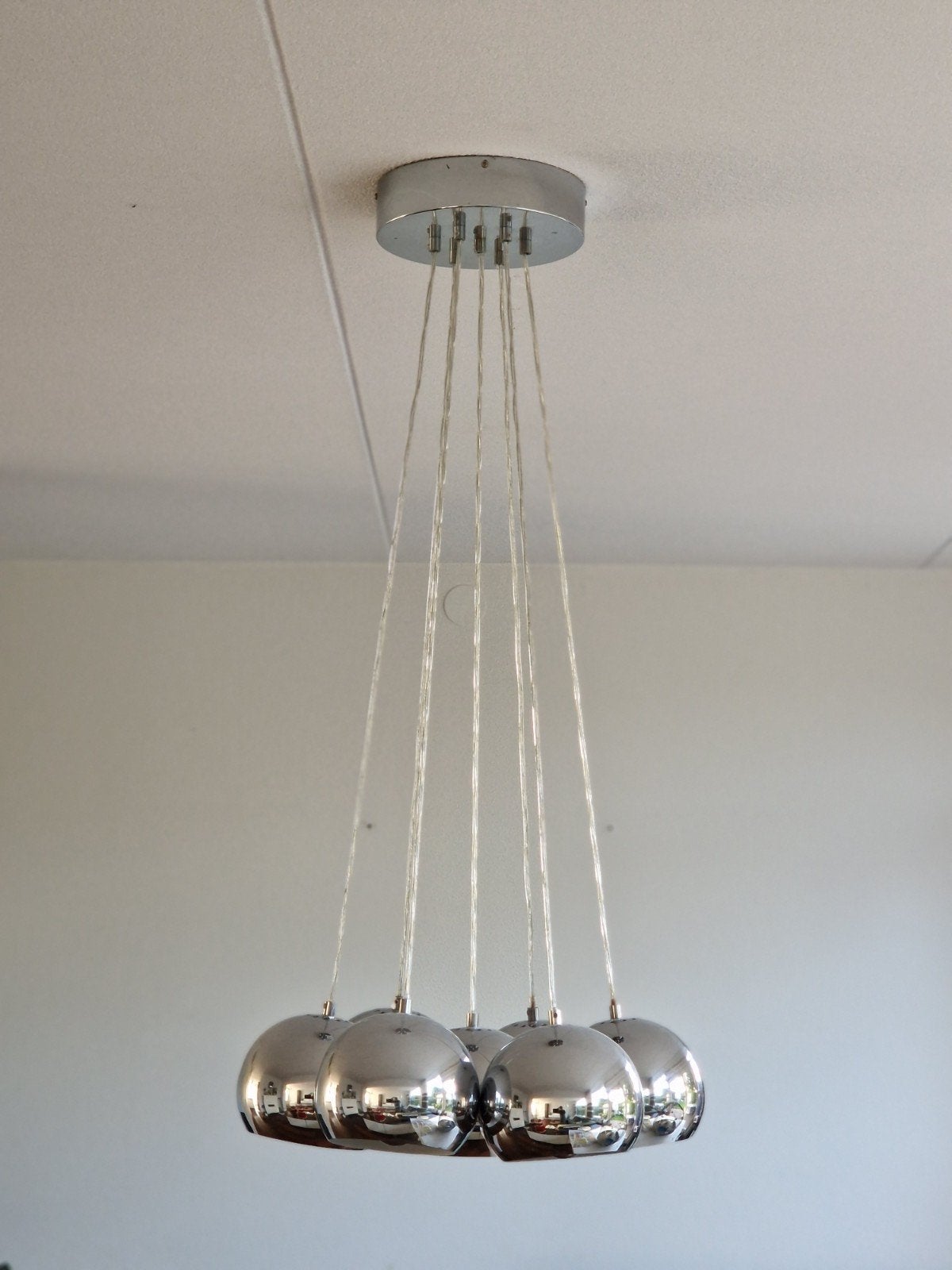 Moderne Hanglamp met 6 Chromen Bollen, Ophalen, Modern, Hedendaags, Overige fittingen, Zo goed als nieuw