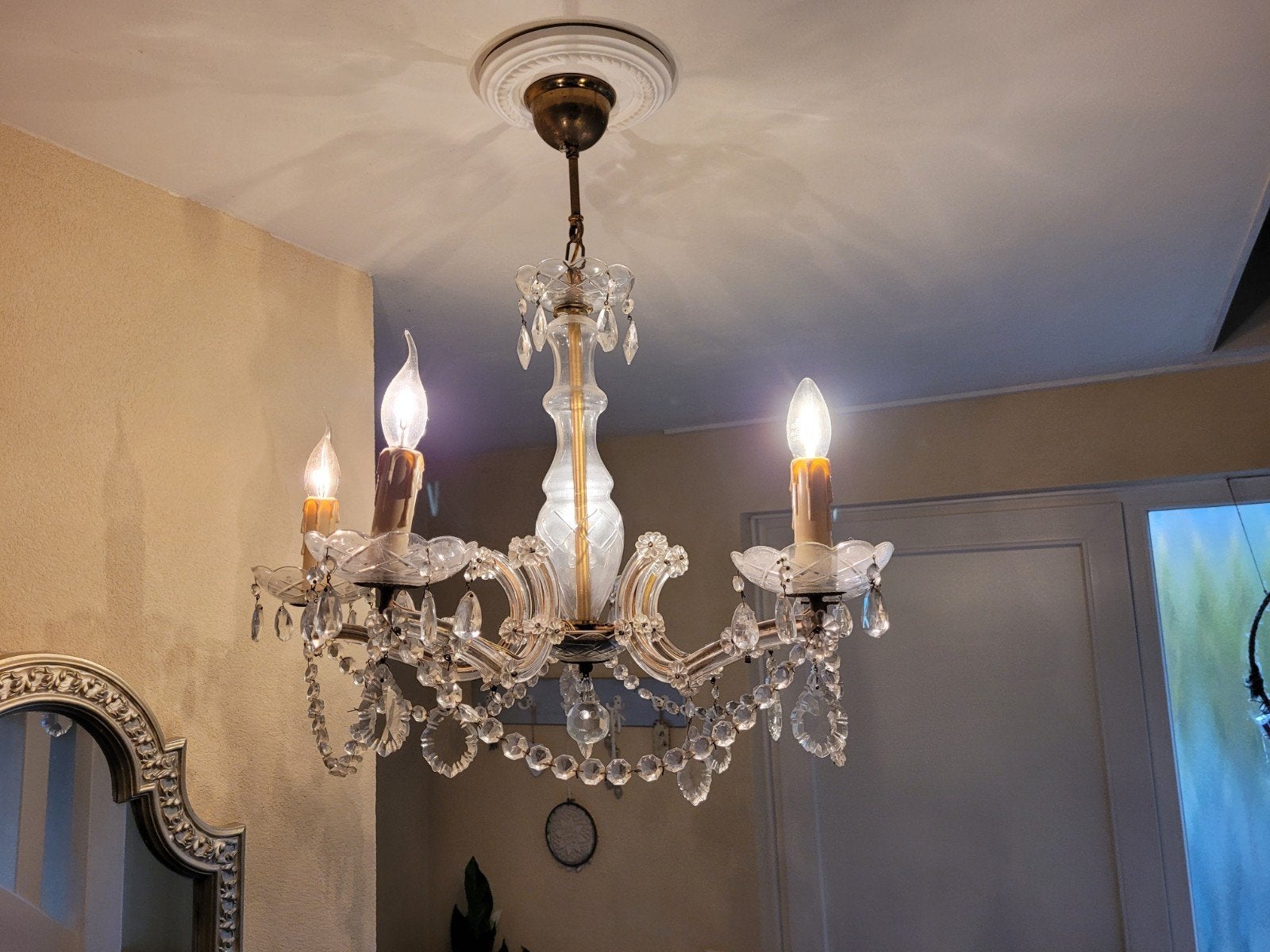 Oude kroonluchter 5 arms, Ophalen, E14 (klein), Zo goed als nieuw, Glas