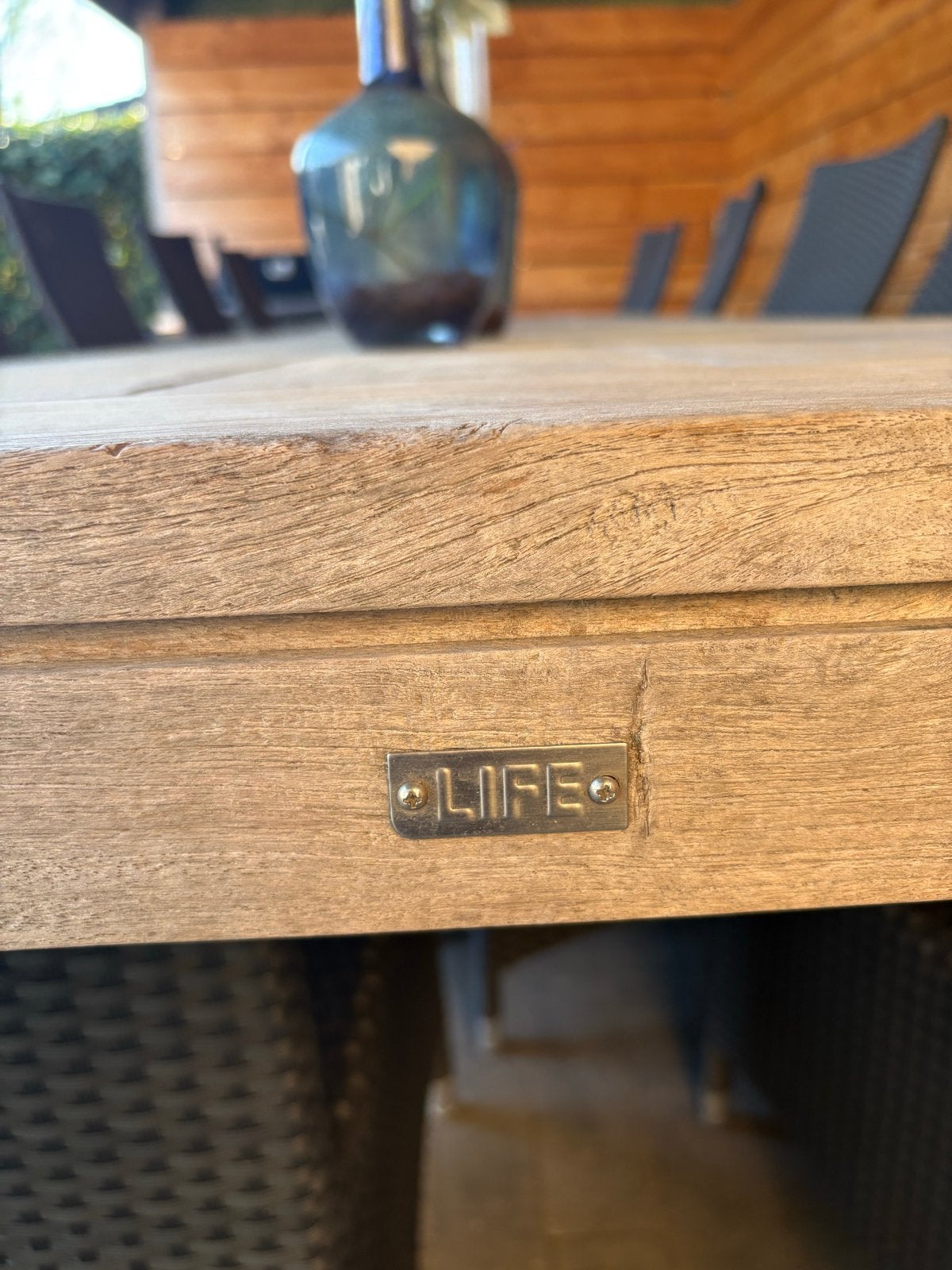 Grote Teakhouten Tuintafel met 10 Wicker Stoelen, Tuin en Terras, Tuintafels, Ophalen, Gebruikt, Rechthoekig, Teakhout
