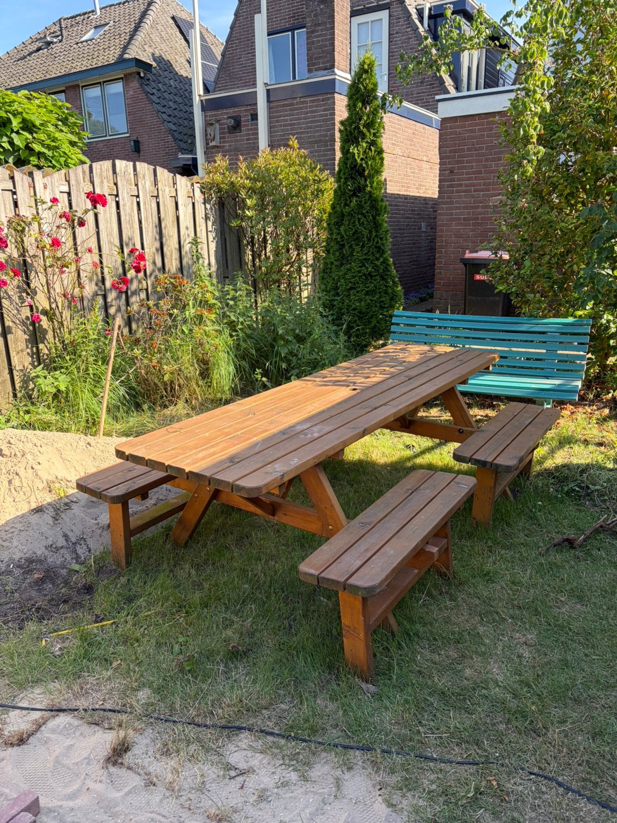 Houten picknicktafel 8 personen, Tuin en Terras, Picknicktafels, Ophalen, Zo goed als nieuw, Rechthoekig, Hout
