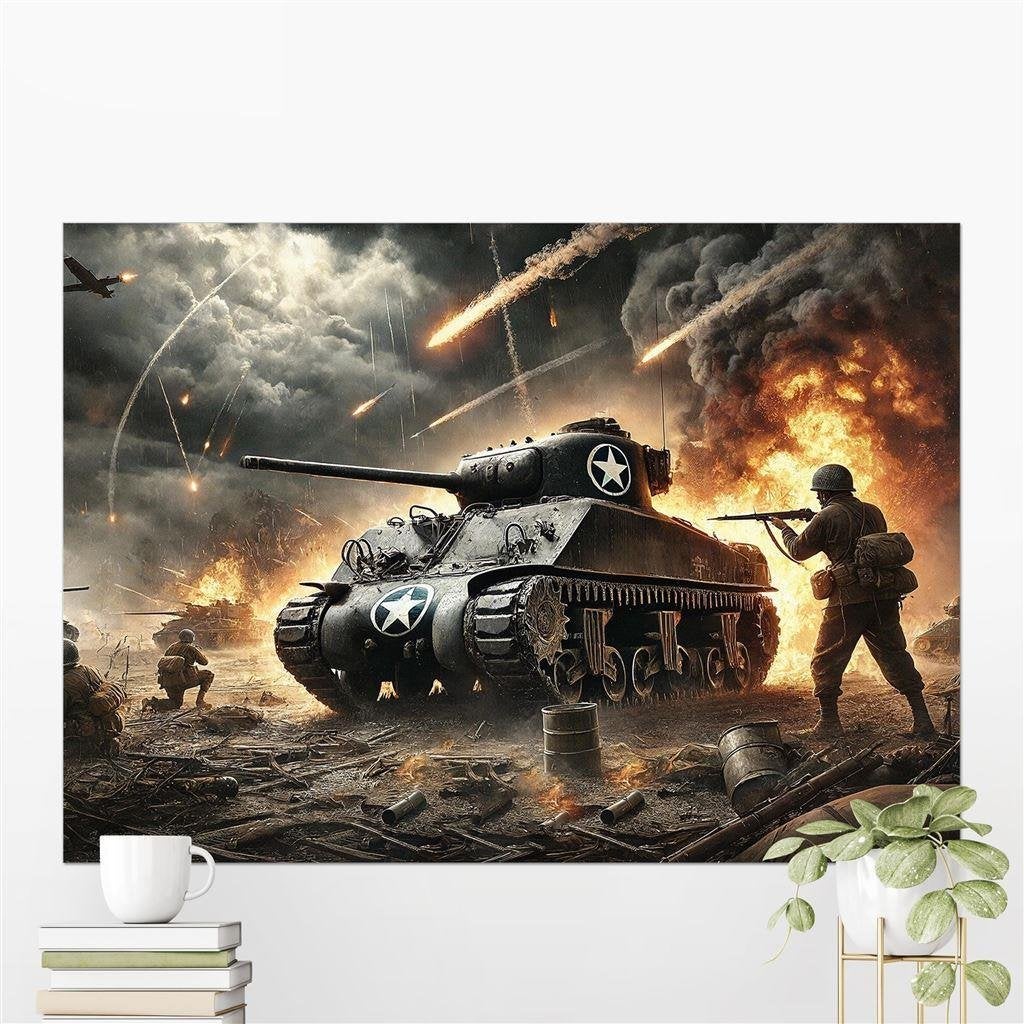 WW2 USA Sherman Tank Soldaten Poster Affiche WO2, Verzamelen, Verzenden, Amerika, Foto of Poster