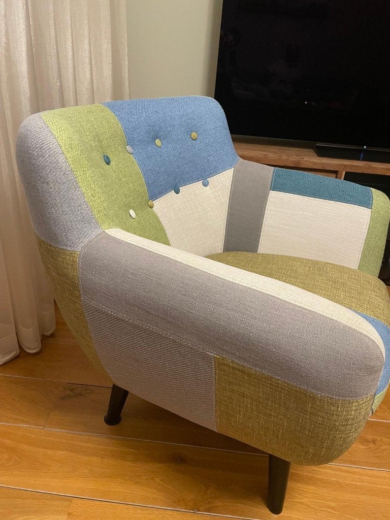 2x Woonexpress MAARN Patchwork Armchairs – Like New, Ophalen, Hout, 75 tot 100 cm, Zo goed als nieuw
