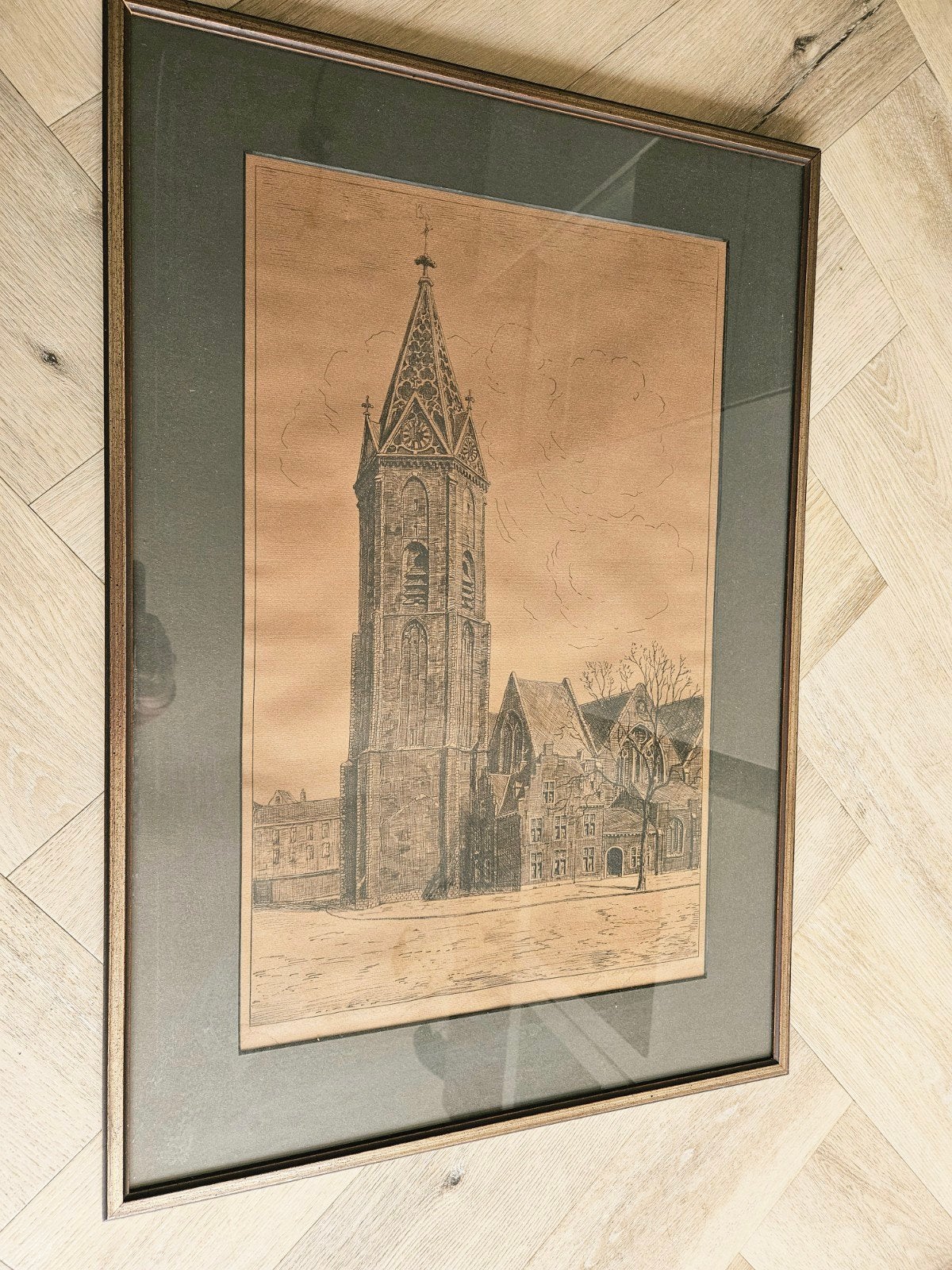 Pentekening Grote Kerk Den Haag - Ingelijst, Antiek en Kunst, Ophalen, Tekening, Pentekening, Ingelijst