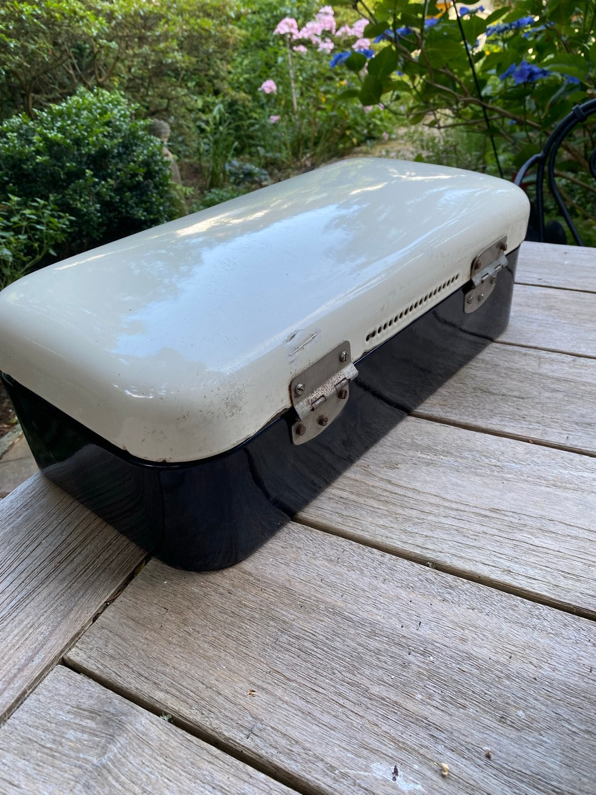 Vintage Broodtrommel - Wit/Zwart Emaille, Ophalen