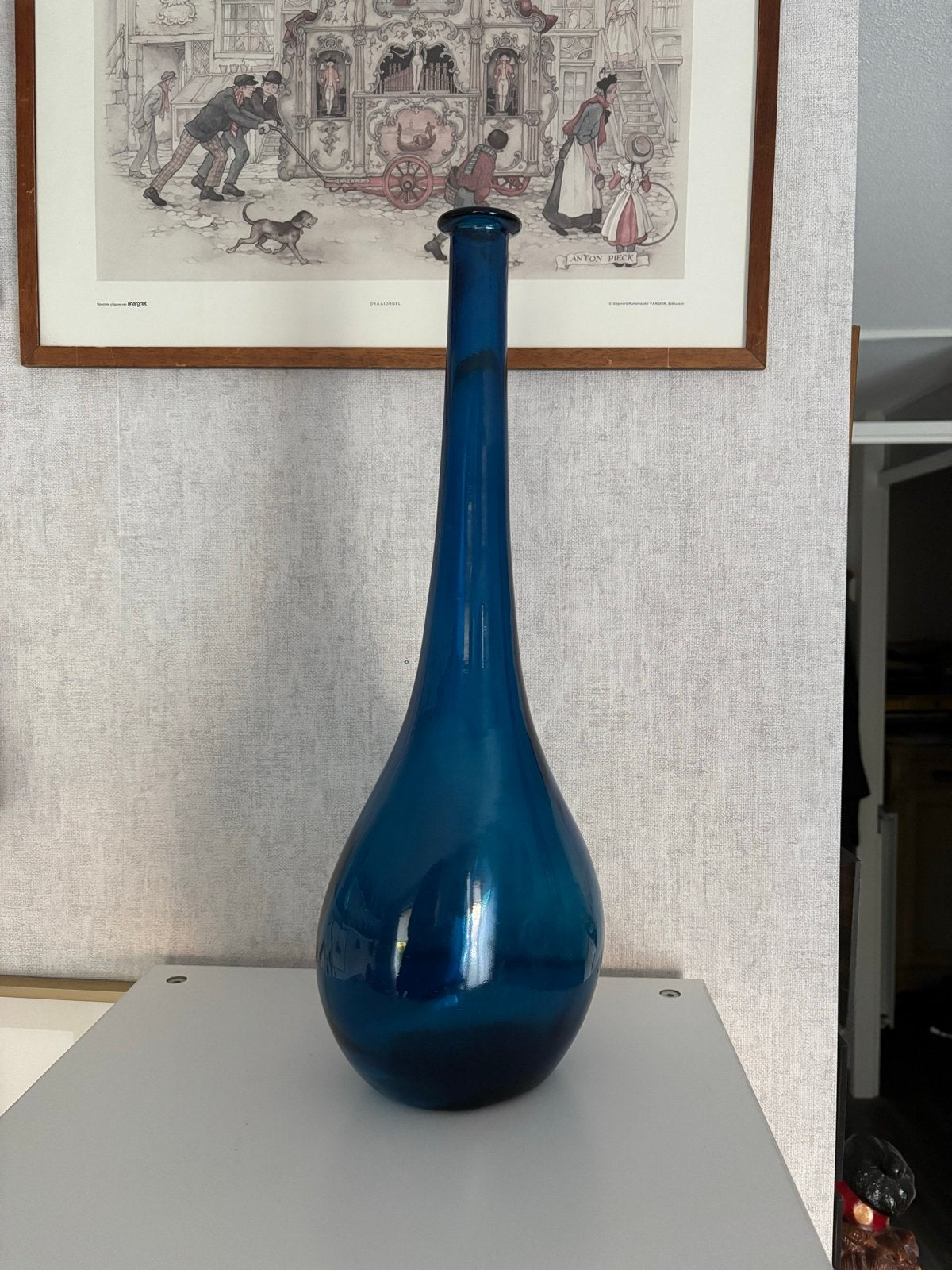 Unieke Leerdam Empoli glazen flesvaas, petrol blauw, Antiek en Kunst, Ophalen of Verzenden