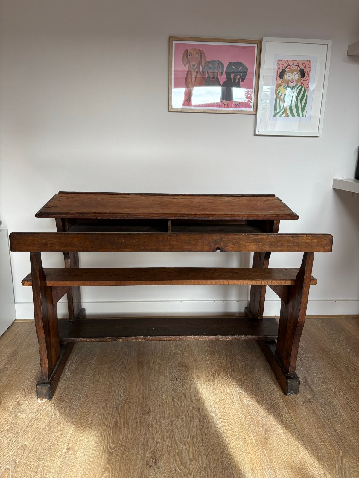 Vintage houten schoolbank met bankje, Ophalen