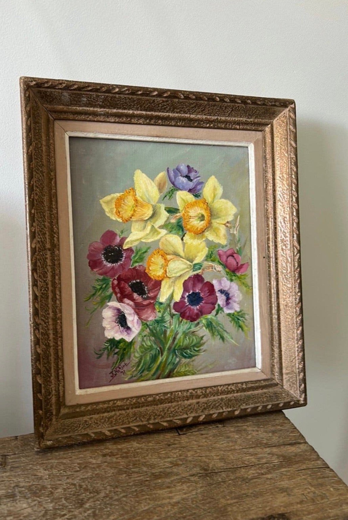 Frans bloemen schilderijtje anemonen etc, Ophalen of Verzenden