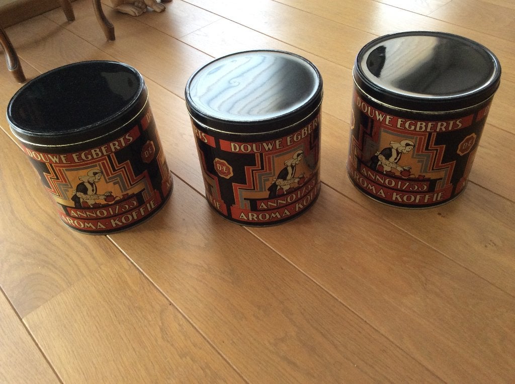 3 Grootte blikken Douwe Egberts, Ophalen of Verzenden, Gebruikt, Koffie, Douwe Egberts