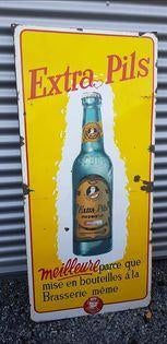 Groot oud extra pils emaillen reclame bord bier verzamel, Ophalen, Gebruikt, Reclamebord