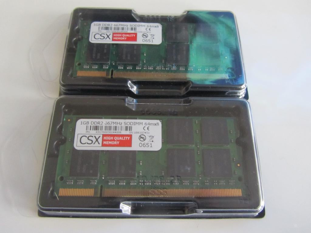 CSX X31700030144006 1GB DDR2 667Mhz PC 5300 2 stuks, Computers en Software, RAM geheugen, Zo goed als nieuw, Laptop, DDR2, Ophalen