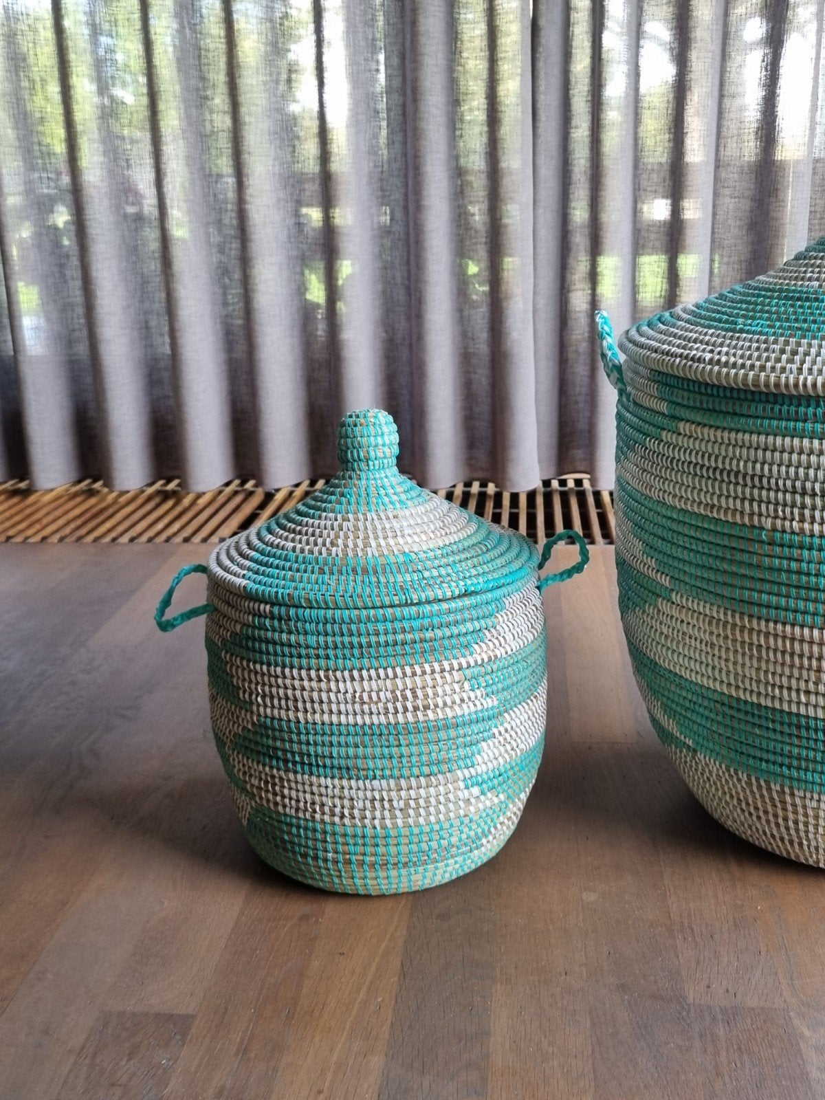 Afrikaanse zeegras opbergmand turquoise wit, Mand, Rond, Nieuw, Ophalen of Verzenden