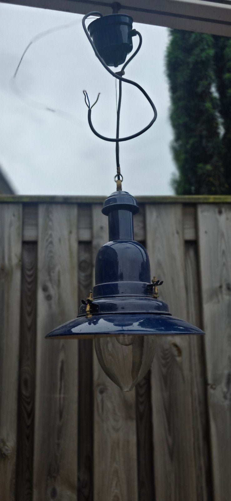 Industriële vintage look lamp - Blauw emaille, Huis en Inrichting, Lampen | Hanglampen, Gebruikt, Ophalen of Verzenden, Glas, Industrieel, Vintage