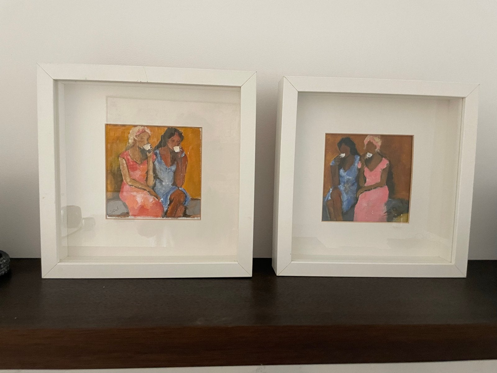 schilderij “ time for coffee-“ als set of los, Antiek en Kunst, Kunst | Schilderijen | Modern, Hout, Handgeschilderd, Ophalen of Verzenden