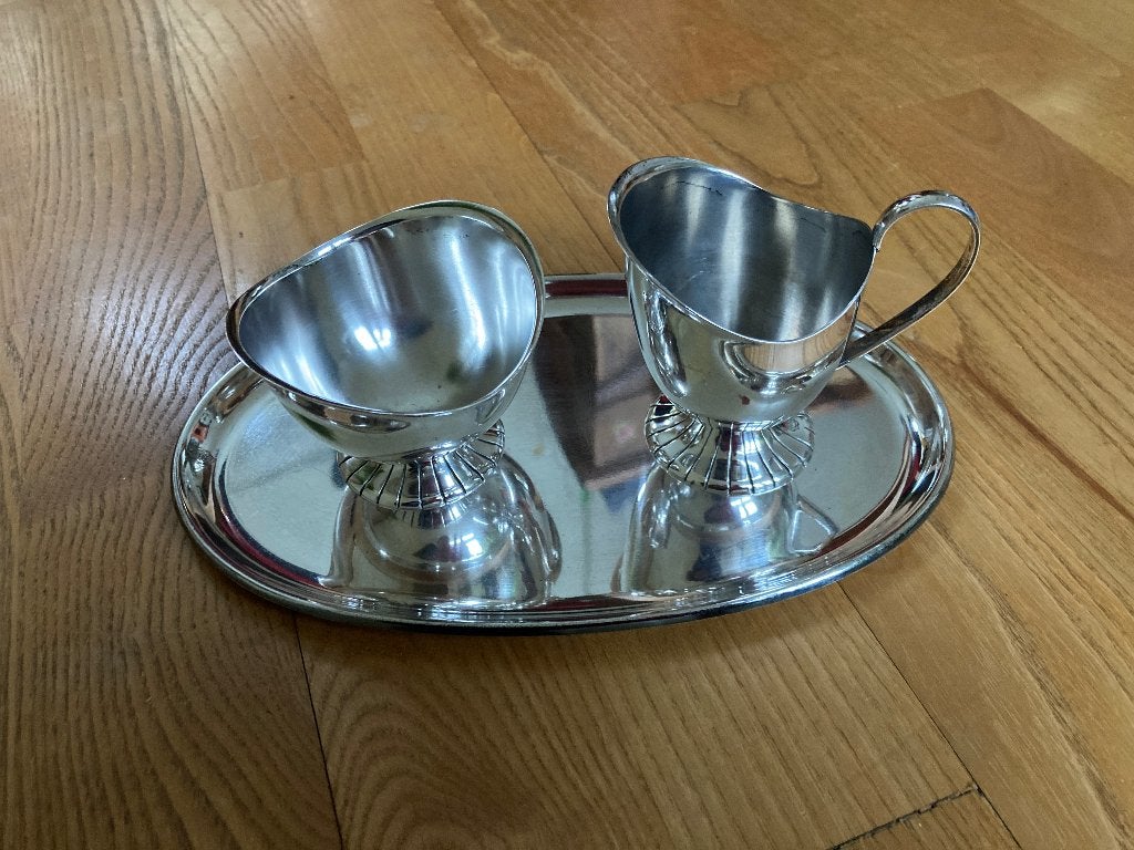 Suiker- melkkannetje op plateau verzilverd vintage, Gebruikt, Overige typen, Ophalen of Verzenden, Overige stijlen