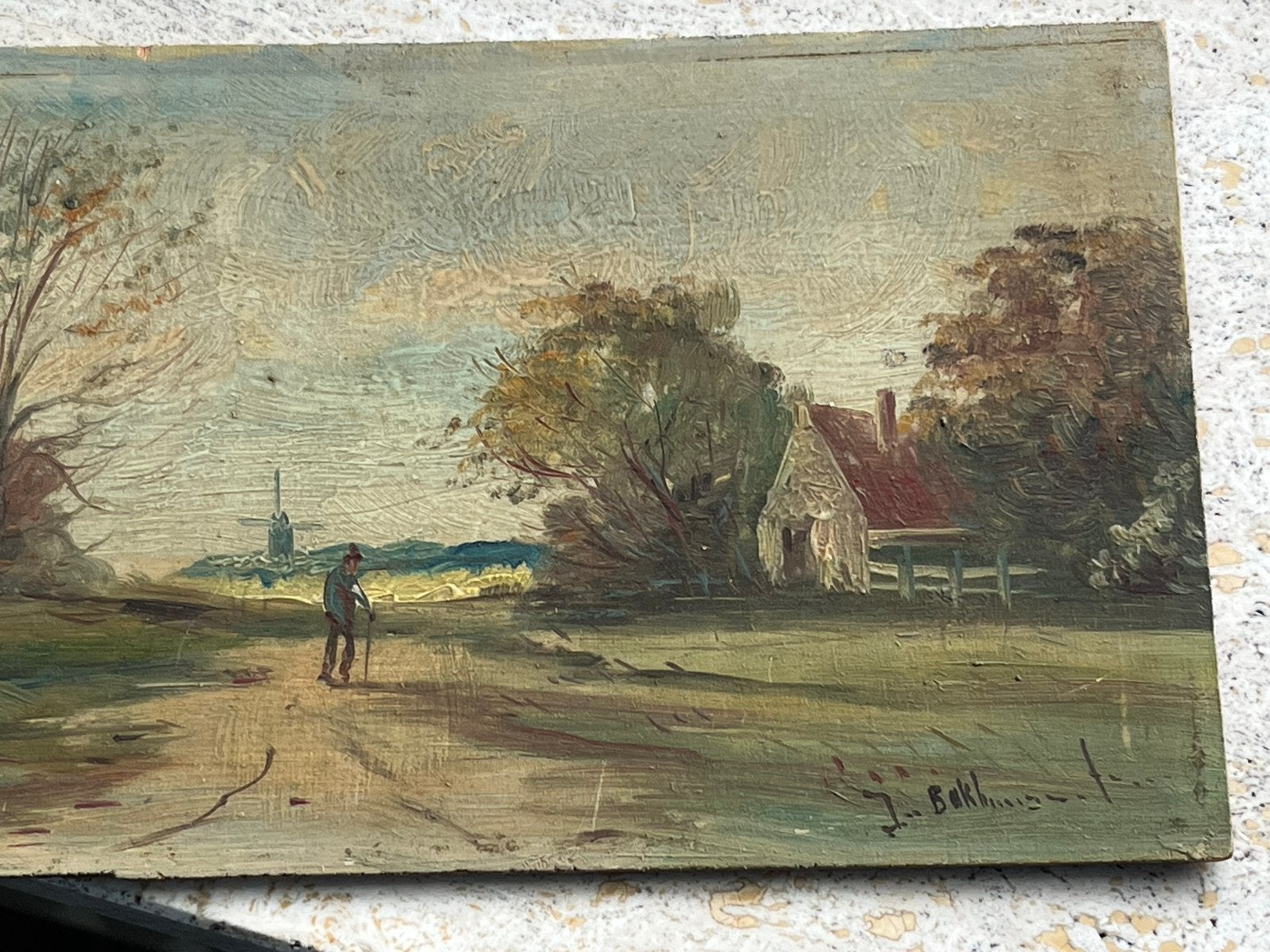 Oud Hollands Landschap met Molen 27x15. Figuur, gesigneerd, Paneel, Oud hollands, Ophalen of Verzenden, Gesigneerd