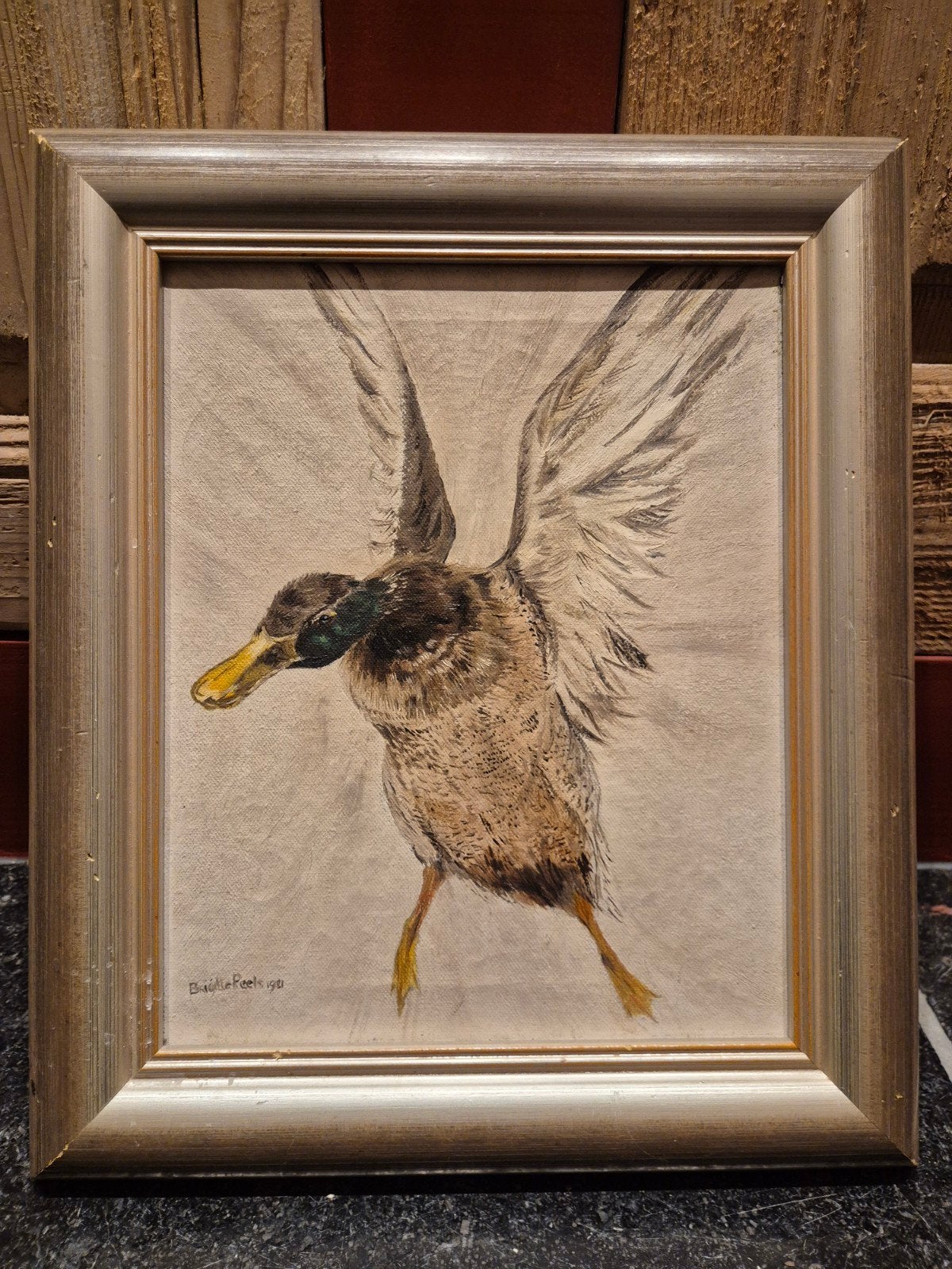 vintage schilderij wilde eend 1981, Doek, Dieren, Ophalen of Verzenden, Olieverf
