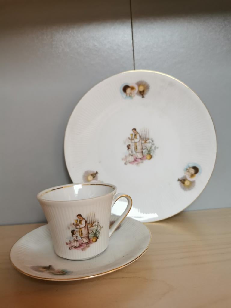 Vintage Communieset: Kop, Schotel en Bord met Religieuze Afb, Ophalen of Verzenden