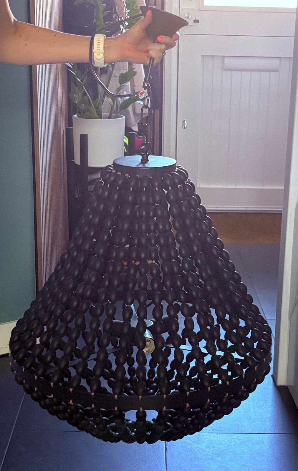 Zwarte houten kralen hanglamp E27 max 60W, Huis en Inrichting, Ophalen, Zo goed als nieuw, Hout, E27 (groot)