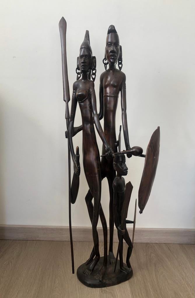 Houten beeld Keniaans gezin, Hout, Bruin, Afrika, Houtsnijwerk