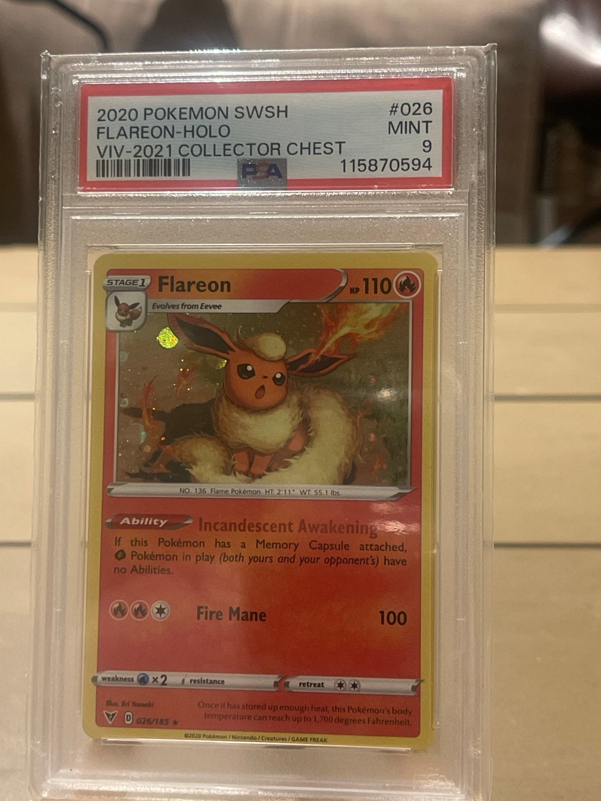 PSA 9 Flareon Holo 2020 Pokémon SWSH VIV-2021 Collector Ches, Ophalen of Verzenden, Zo goed als nieuw, Losse kaart, Foil