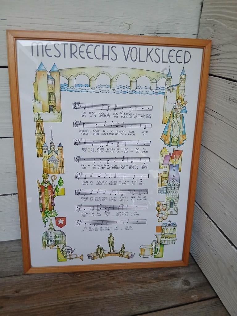 Ingelijst affiche van het "Mestreechs Volksleed"., Minder dan 50 cm, Onbekend, Ophalen of Verzenden, Zo goed als nieuw