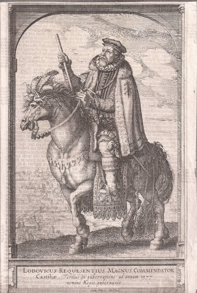 Ruiterportret van Don Luis Requesens Landvoogd Leiden 1614, Antiek en Kunst, 26 cm, Portret, Gravure, Met tekst