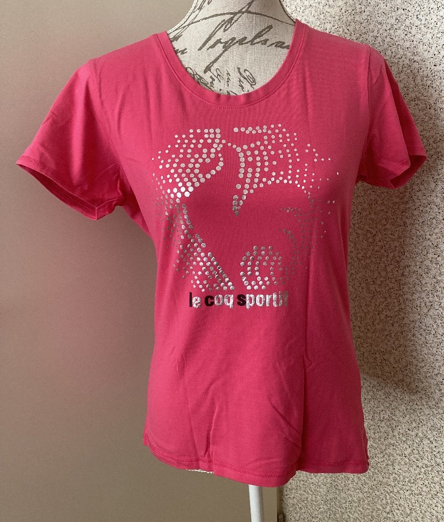 Le Coq Sportif T-shirt roze met zilveren opdruk maat L, Maat 42/44 (L), Ophalen of Verzenden, Zo goed als nieuw, Korte mouw