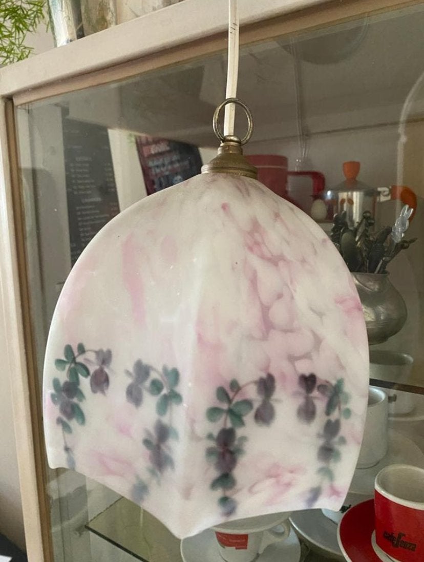 Art Deco Hanglamp - Roze Gemarmerd Glas met Bloemenmotief, Antiek en Kunst, Ophalen of Verzenden