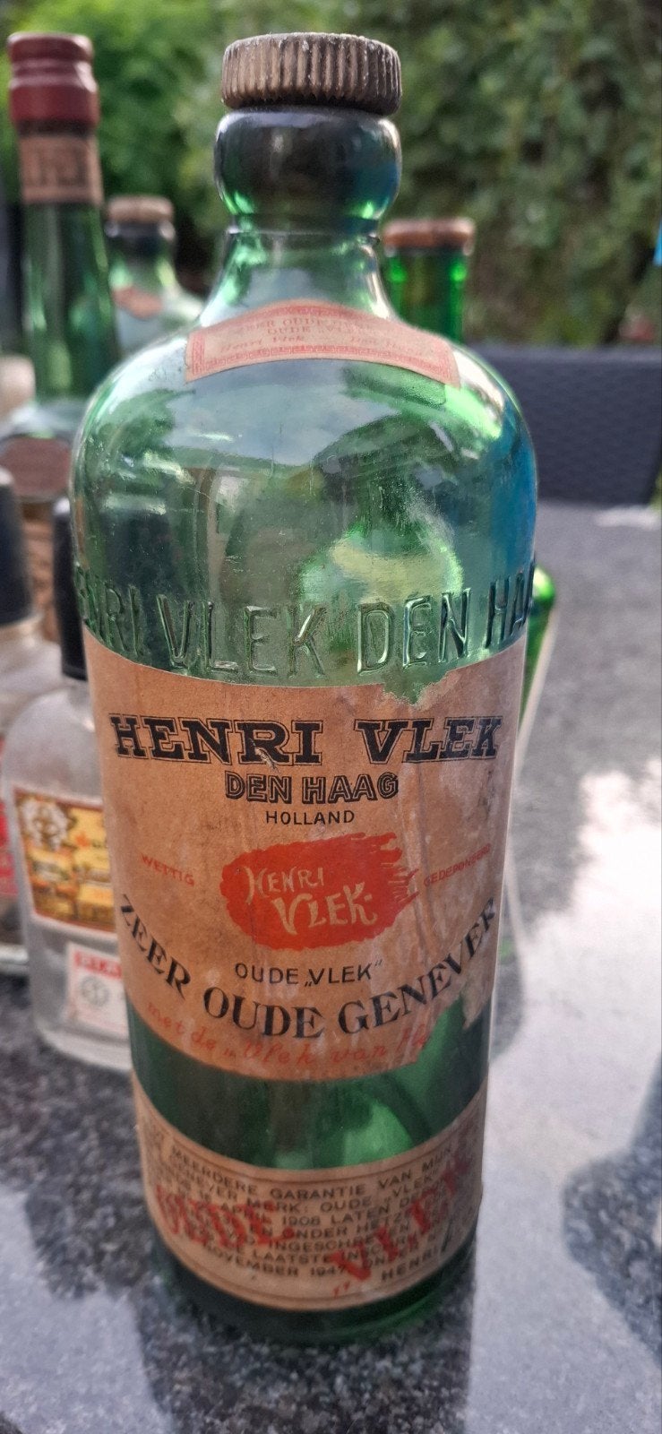 Jeneverfles Henri Vlek Den Haag oude vlek jenever, Ophalen of Verzenden, Zo goed als nieuw, Glas of Glazen, Overige merken