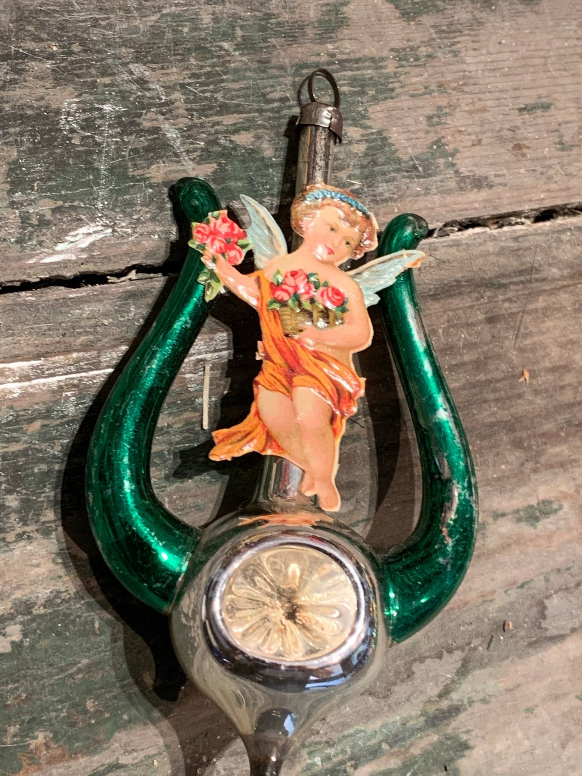 Antieke Kerstbal Harp met Engel - Bijzondere Decoratie, Gebruikt, T, Ophalen of Verzenden, N