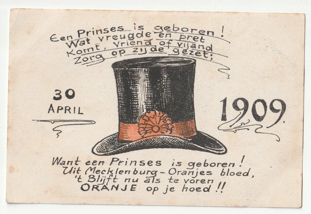 Hoge hoed geboorte Juliana ansichtkaart 1909, Verzamelen, Koninklijk Huis en Royalty, Gebruikt, Verzenden, Kaart, Foto of Prent