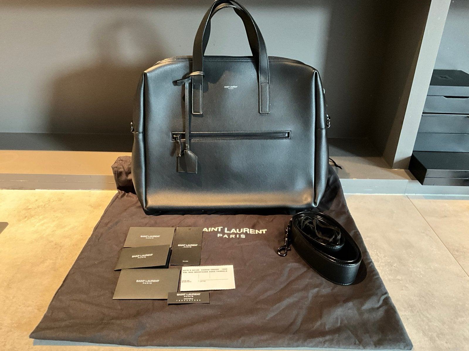 SAINT LAURENT BRIEFCASE BAG 440606 black leatner, Verzenden, Zo goed als nieuw, Zwart, Handtas