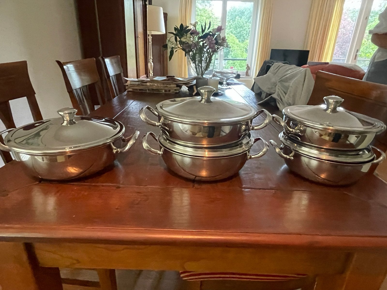 Alessi dekschalen Pannenset - 5 pannen met deksels, RVS, Gebruikt, Met deksel, Pannenset, Ophalen of Verzenden