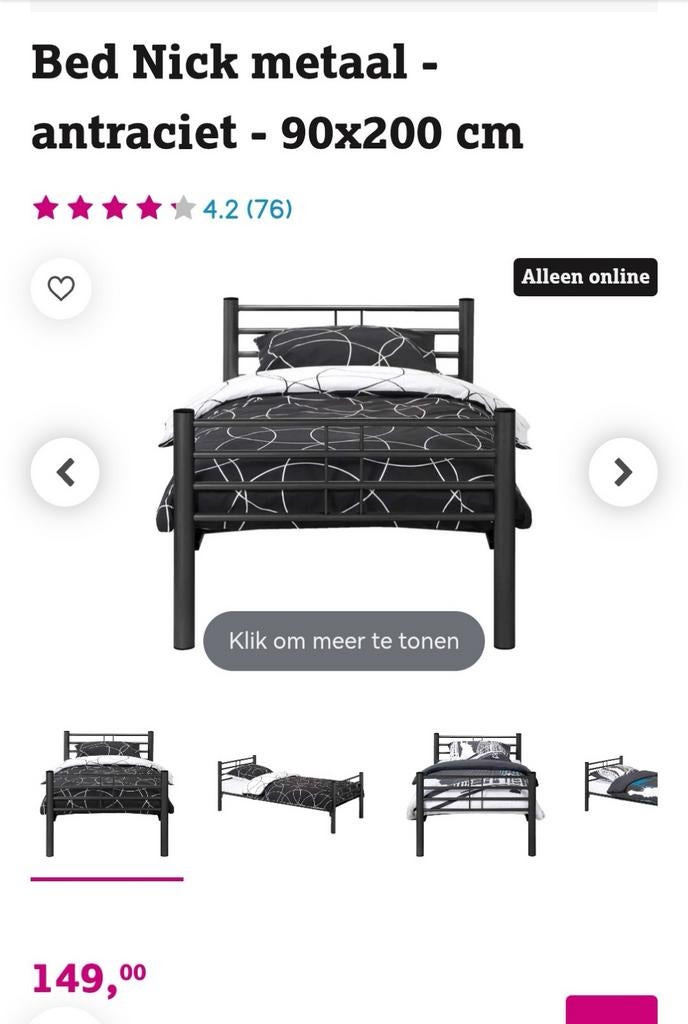 Bed Nick metaal antraciet - 90x200 cm, Huis en Inrichting, Slaapkamer | Bedden, Ophalen, 90 cm, Eenpersoons, Zwart