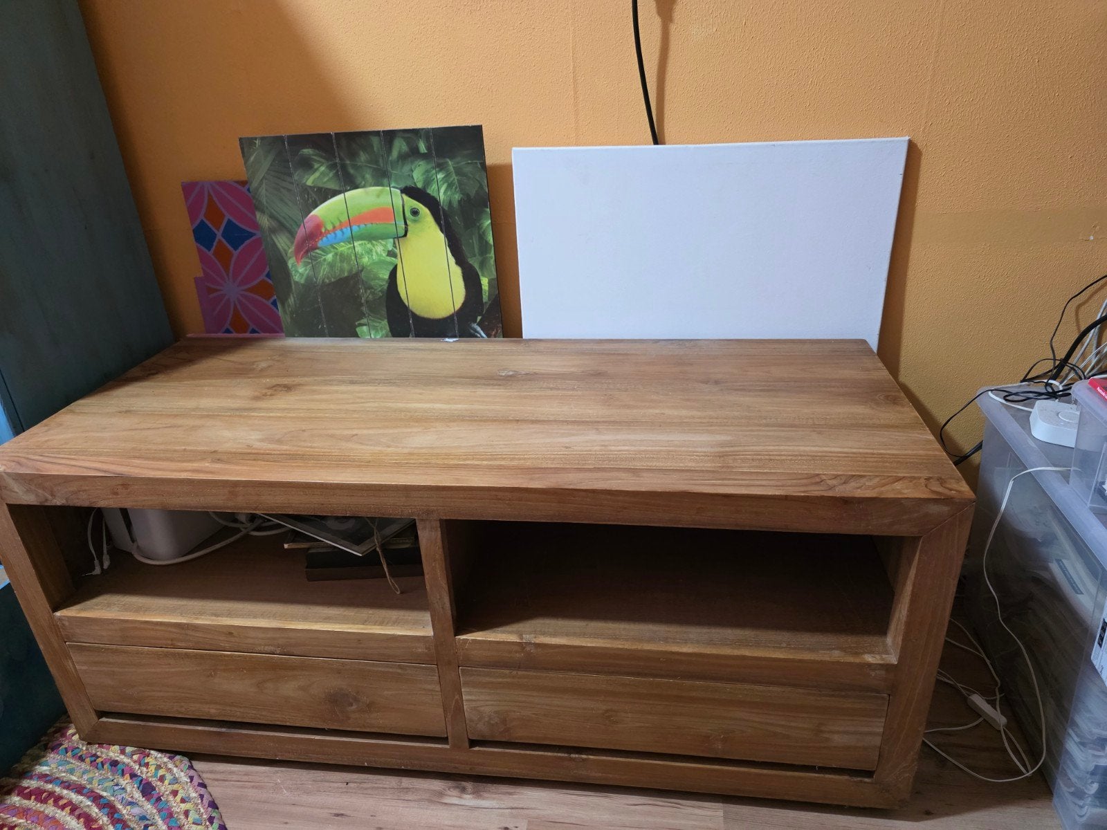 Teak houten tv-meubel met 2 lades, Ophalen, Gebruikt, Teakhout, Modern, Landelijk