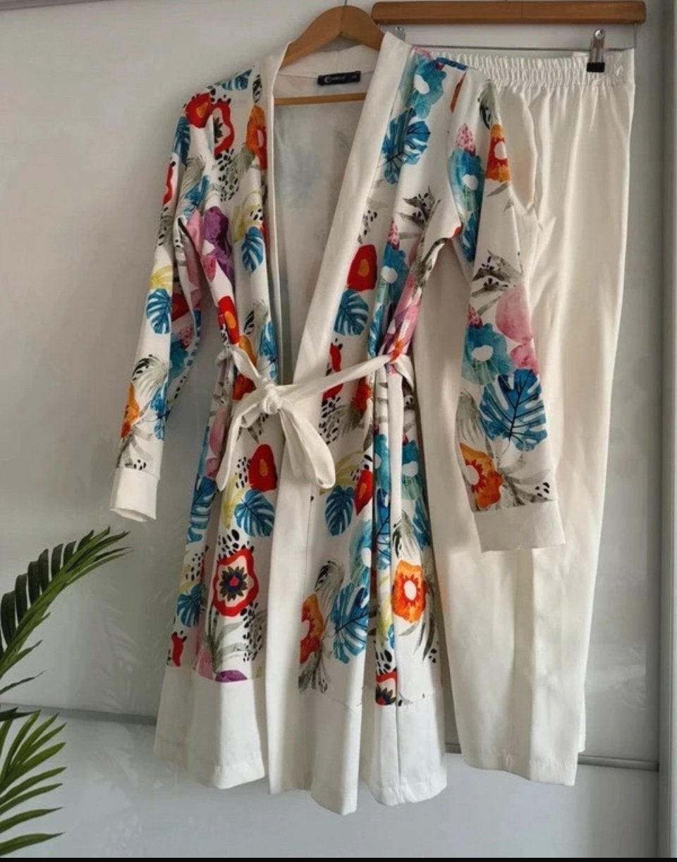 Prachtige tweedelige set: broek en kimono met ceintuur, Kleding | Dames, Jasjes, Kostuums en Pakken, Maat 38/40 (M), Kostuum of Pak