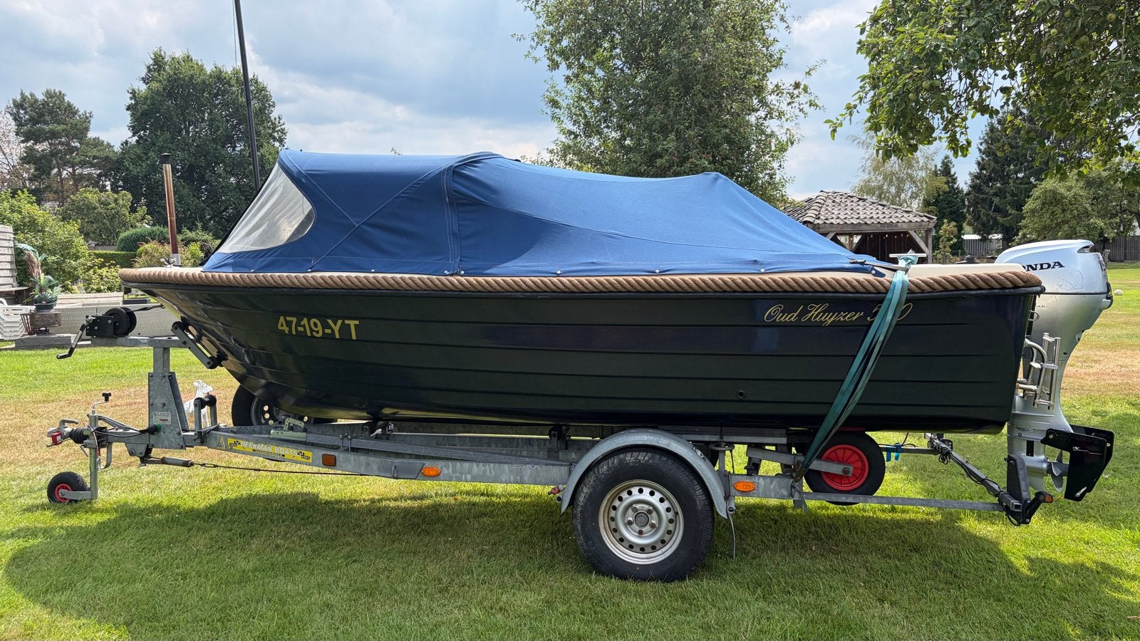 Oudhyser 500 met 20 pk Honda 4-takt en trailer 0618945604, Buitenboordmotor, Trailer, Zo goed als nieuw, Benzine