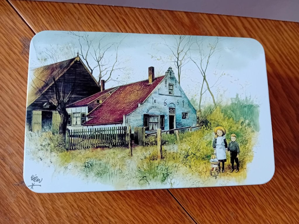 Rien Poortvliet blik "Het Blauwe Huis" te Ouddorp 21x13x6cm, Ophalen of Verzenden, Gebruikt, Koek(jes)