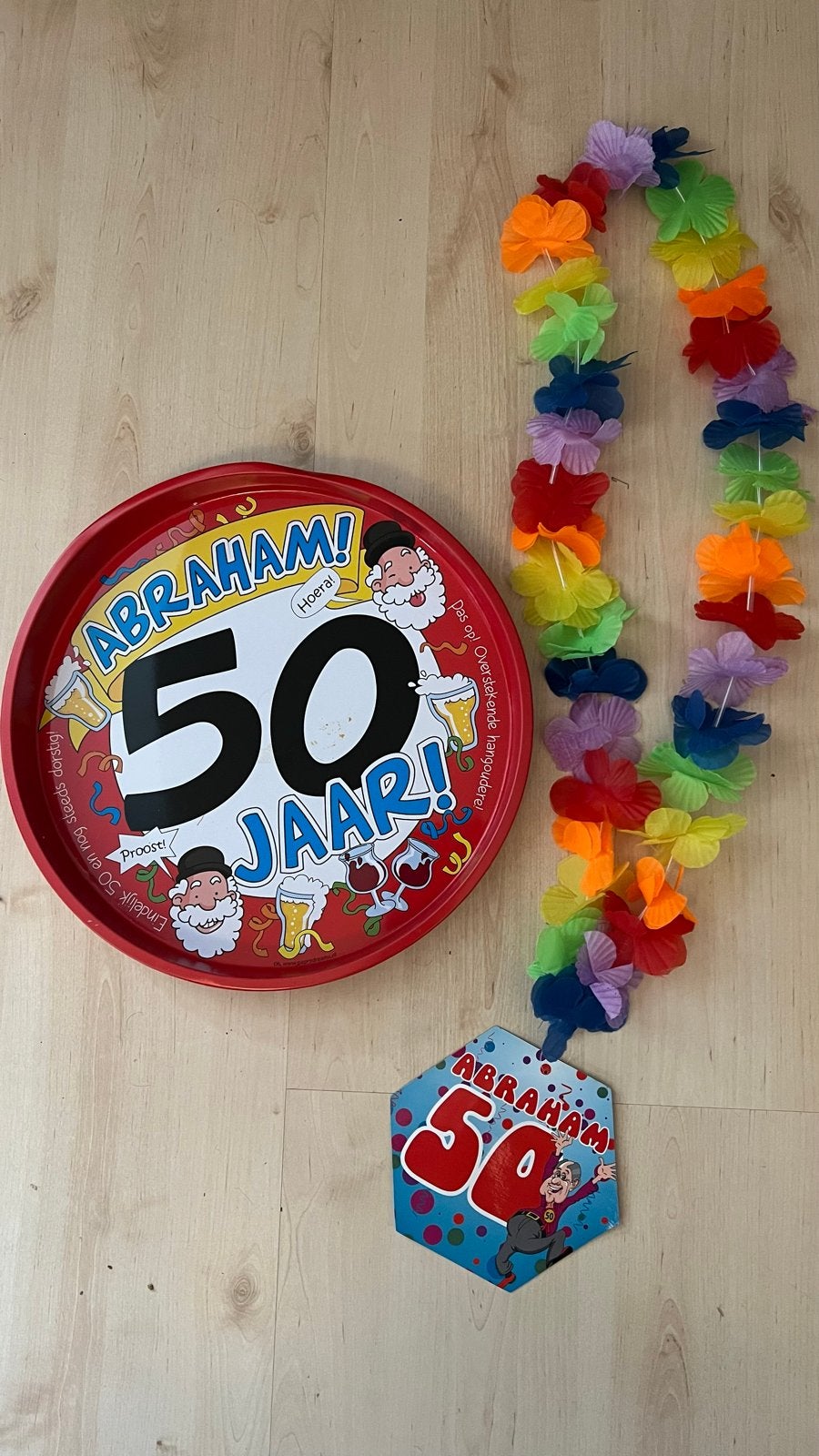 Abraham 50 Jaar Dienblad en ketting, Ophalen of Verzenden, Zo goed als nieuw, Feestartikel, Abraham of Sarah