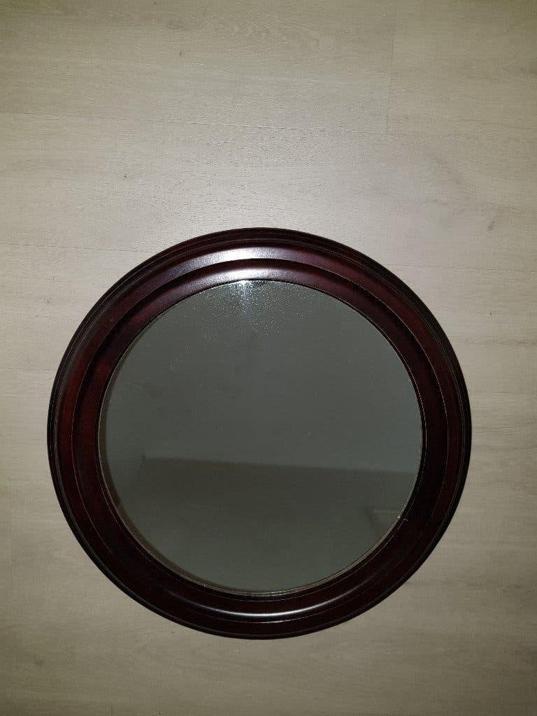 Ronde spiegel Kunststof lijst , maar lijkt net hout, Ophalen, Rond, Zo goed als nieuw, Minder dan 100 cm