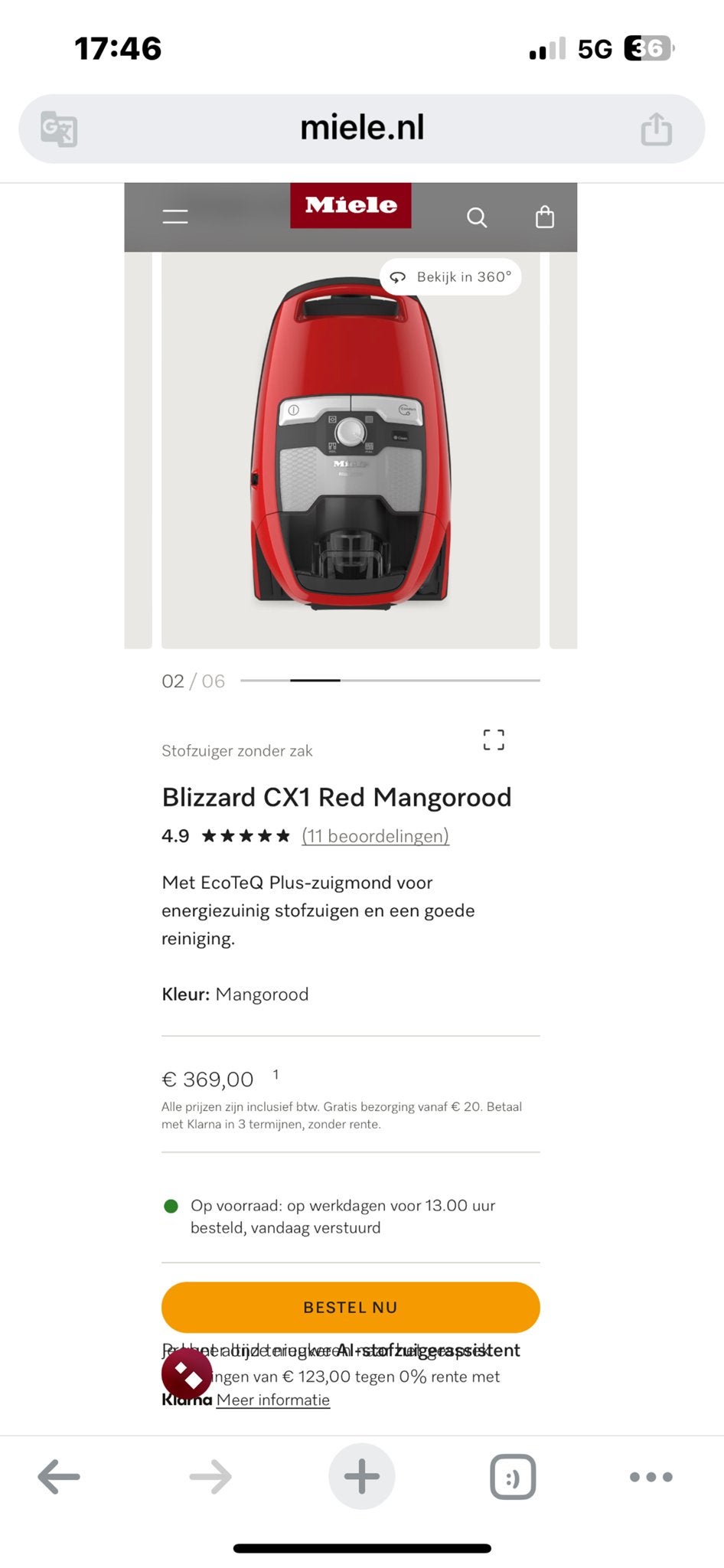 Miele Blizzard CX1 Red Powerline  Stofzuiger zonder zak, Ophalen of Verzenden, Zo goed als nieuw