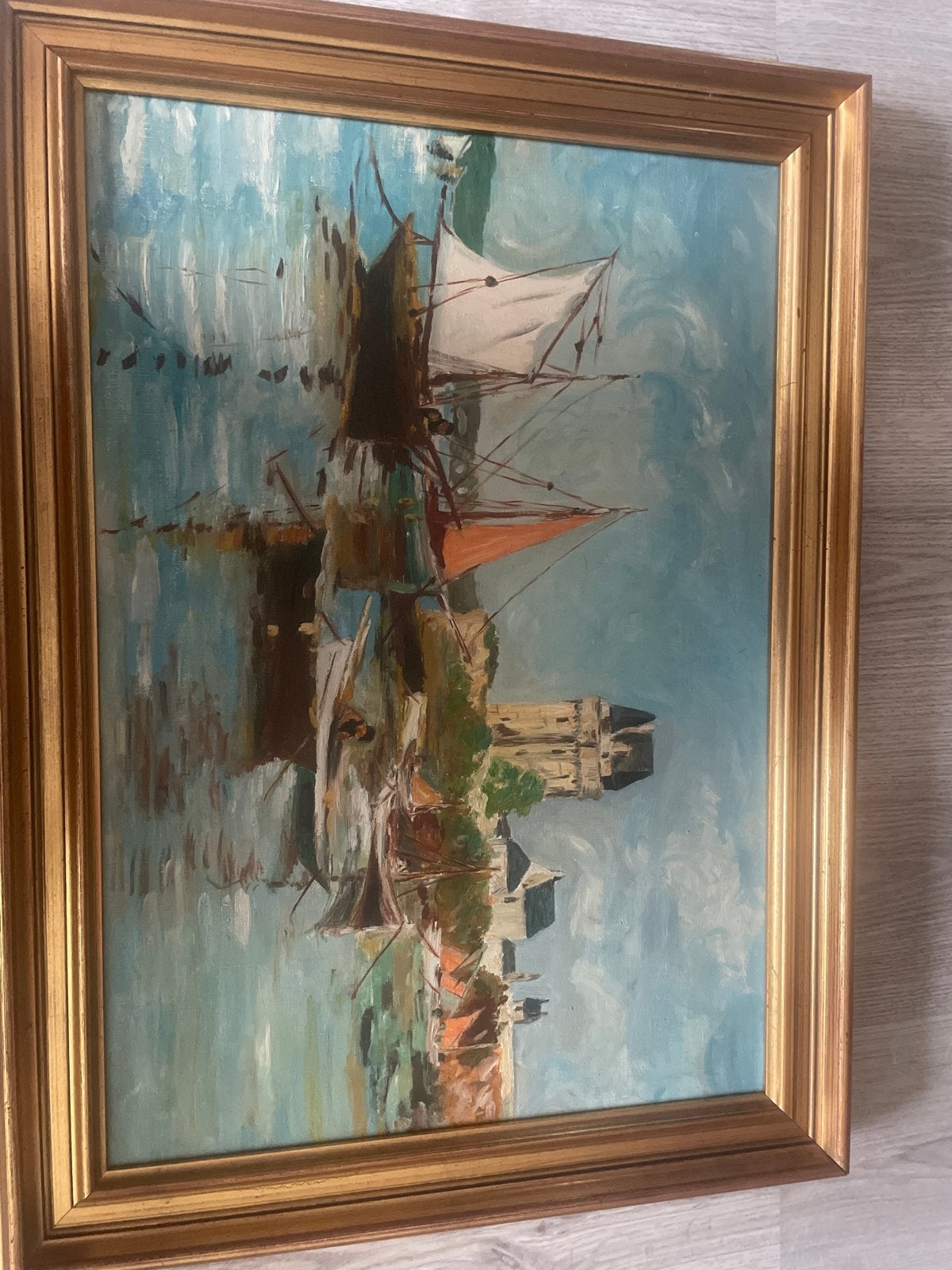 Schilderij met zeilschepen en stadsgezicht, Maritiem / water, Doek, Impressionistisch, Ophalen of Verzenden