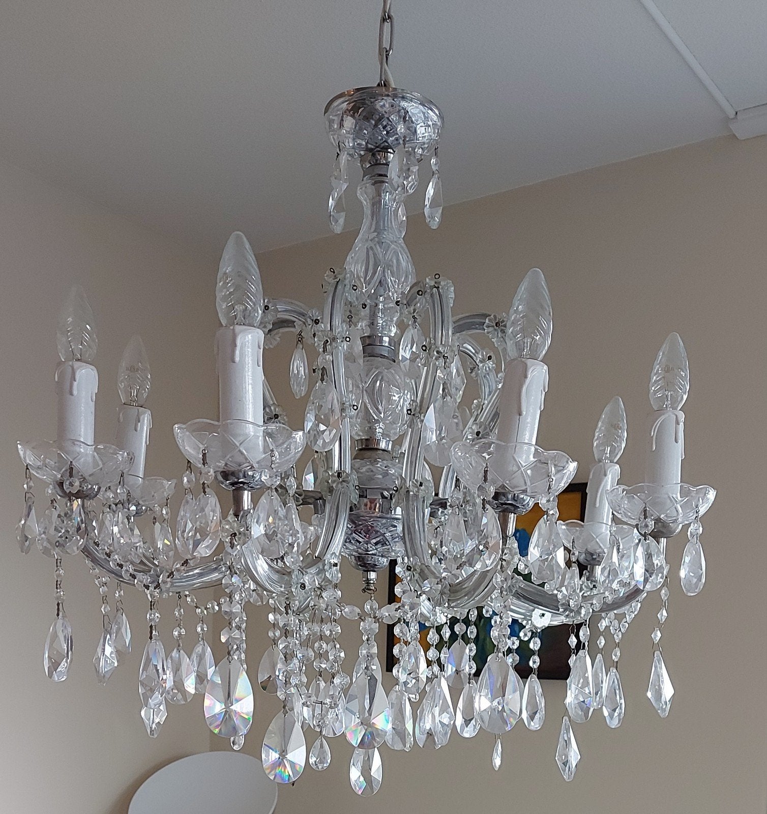 Prachtige kristallen kroonluchter met 8 armen, Ophalen, E14 (klein), Zo goed als nieuw, Glas