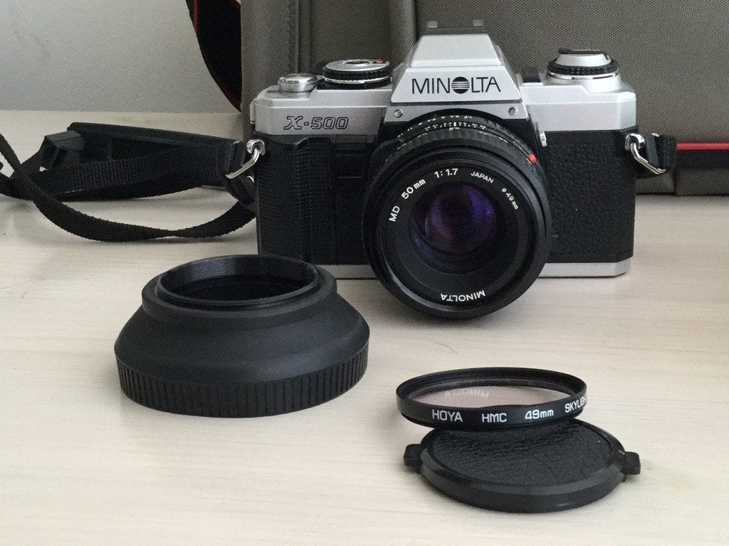 Minolta X-500 camera met o.a. 70-210 mm telezoom, Ophalen, Gebruikt, Spiegelreflex, Minolta